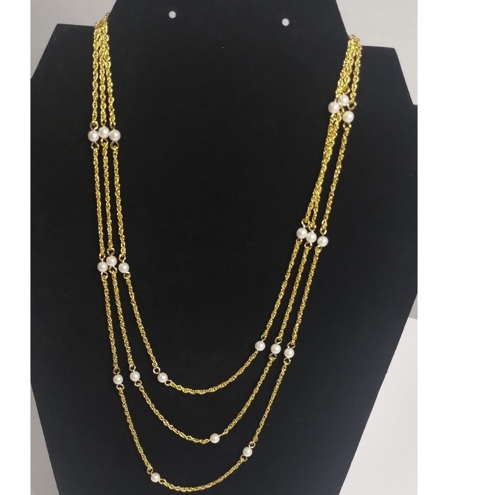 Gold Tone Triple Strand Faux Pearl Rope Chain Necklace with Bow Clasp 20‎ Inch